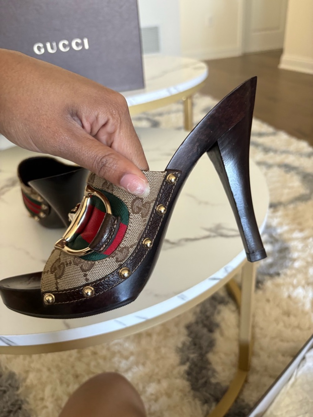 Gucci Brown GG Canvas Wood Platform Slides with Red and Green Web - Picture 13 of 16